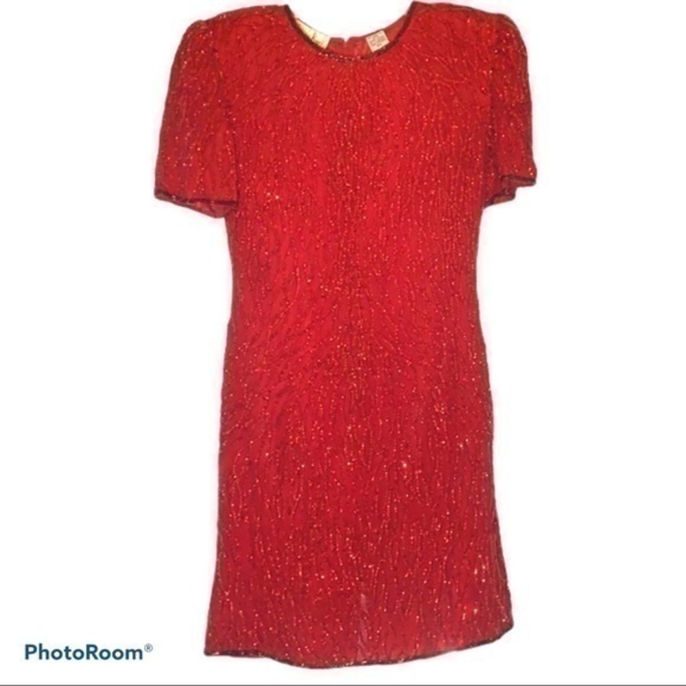 ▶️ Laurence Kazar ◀️ Red Vintage Hollywood Glam Flapper Sequin Dress. Small